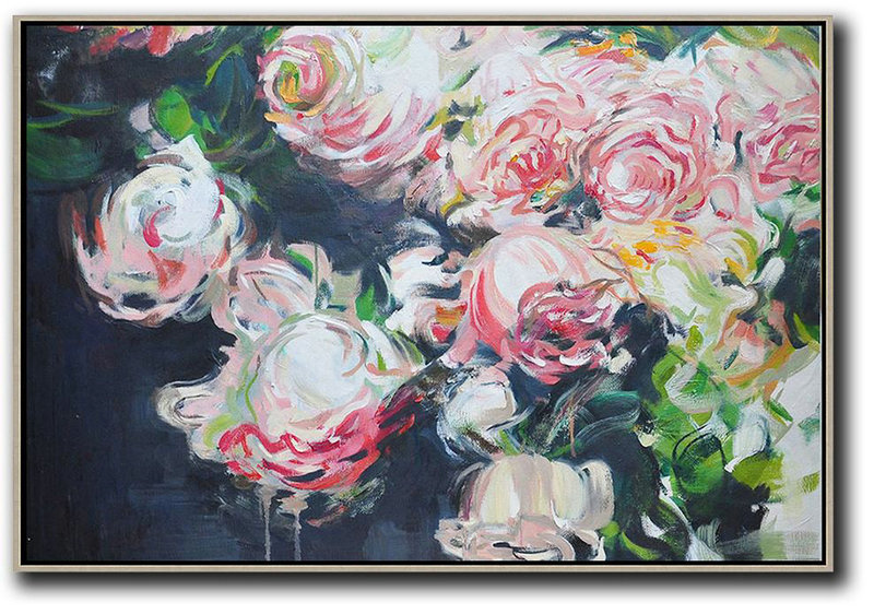 Extra Large Acrylic Painting On Canvas,Horizontal Abstract Flower Oil Painting,Big Canvas Painting,Red,White,Black,Green.etc